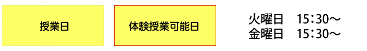 黄色枠が授業日です